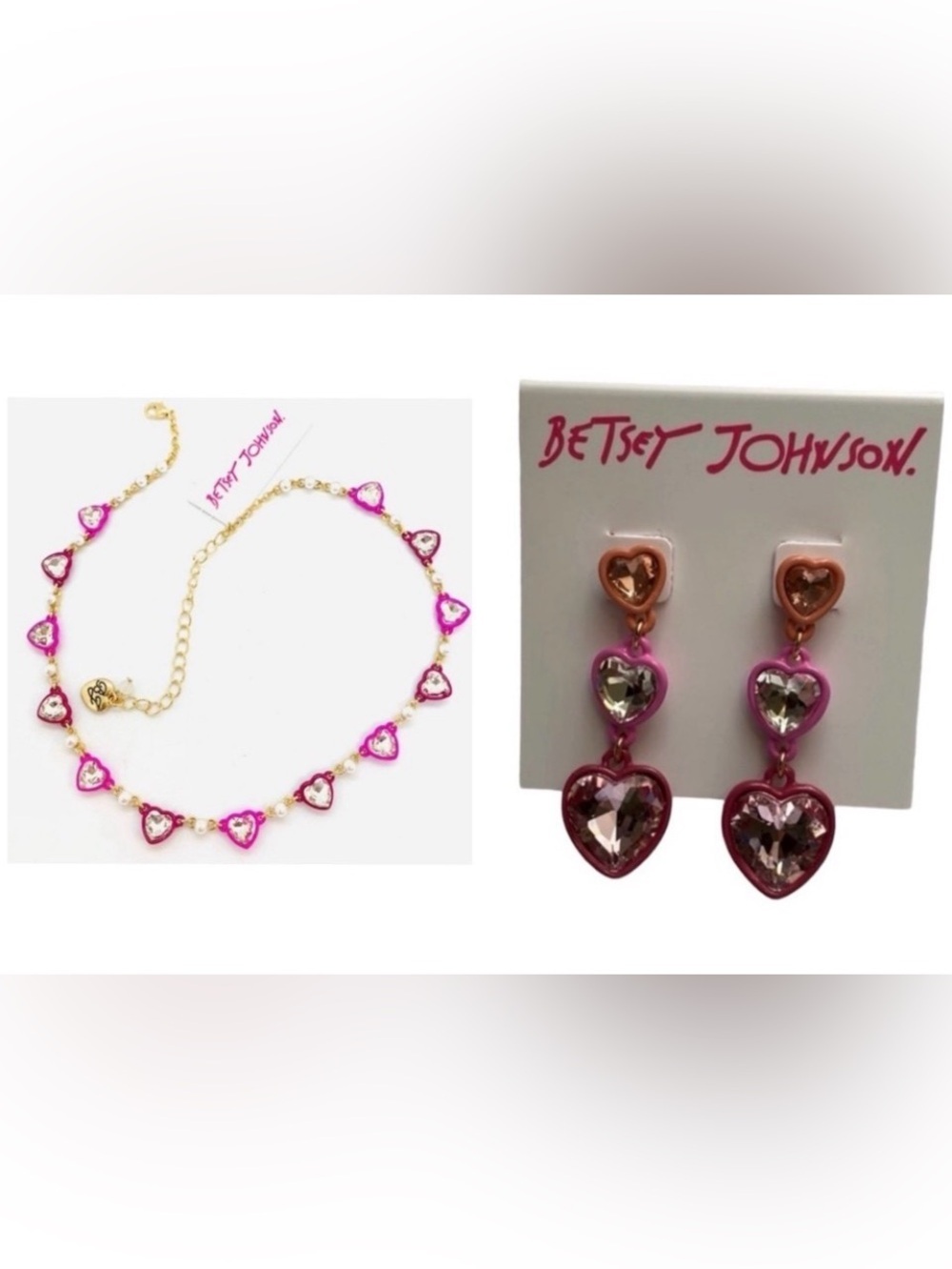 BETSEY JOHNSON SET Valentine Multi-Heart Pink Red Crystal Necklace Earrings NWT